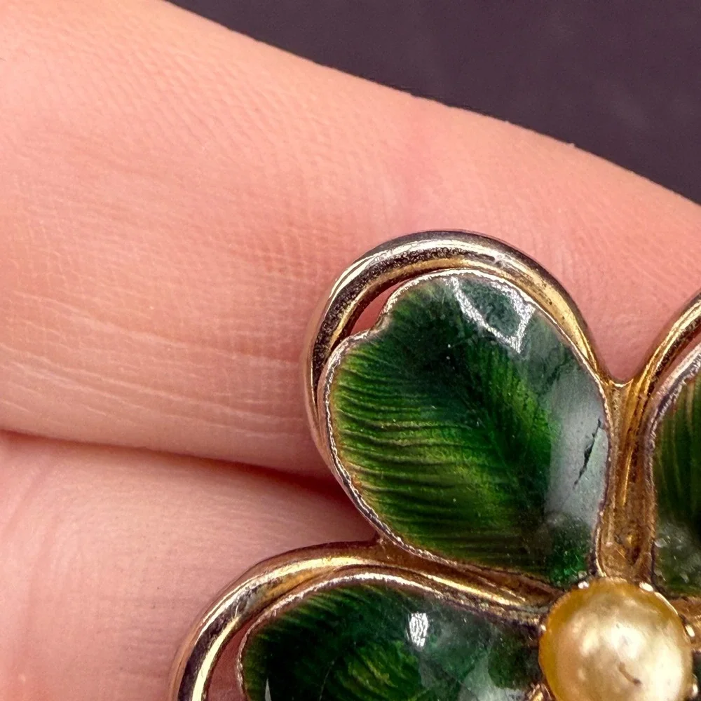 Vintage Coro Four Leaf Clover Brooch Green Enamel Faux Pearl Gold Tone